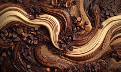 Swirling abstract forms crafted with chocolate paste, cocoa powder, and chocolate chips, set against a mocha-toned canvas.