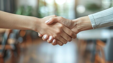 Picture of people hand shaking for business or job relationship in commercial concept. Friendly atmosphere for strategy management. Working of company sell product to customer for organization. AIG53.