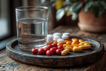 Assorted Pills and Water in Natural Setting