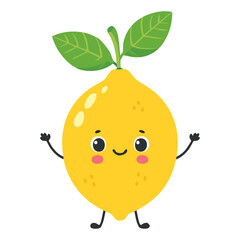 Cute lemon vector character. Juicy ripe fruit in cartoon style for packaging design and prints.