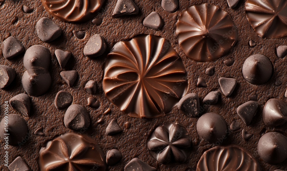 Poster textures of cocoa-dusted chocolate paste blend with intricate chocolate chip designs on a mocha mous
