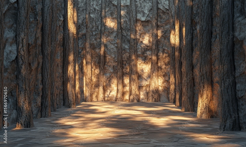 Poster shadowed forest pathway with intricate tree bark textures, dappled light patterns creating a serene 
