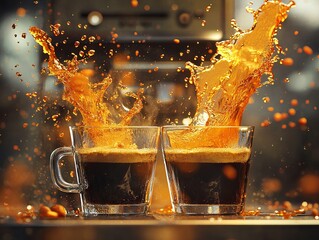 Surreal Coffee Machine with Splashes of Coffee and Orange Juice, AI generated illustration.
