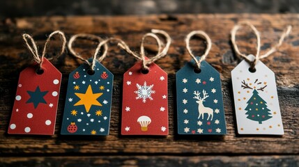Festive Christmas gift tags with winter designs on rustic wood.