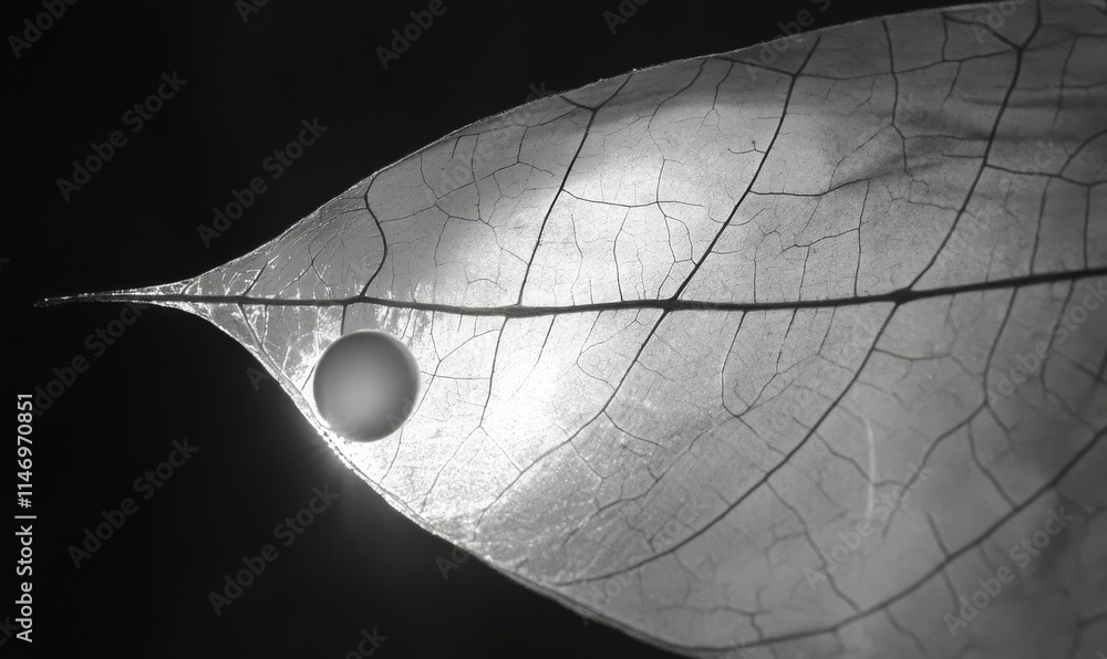 Poster single dewdrop on a smooth leaf, reflecting a delicate web of light and shadow in monochrome eleganc