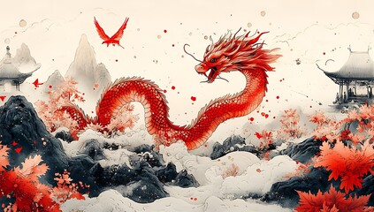 Red Dragon Majestically Roaming in the Snow.