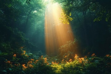 Obraz premium Sunlight Beams in Lush Green Forest Landscape