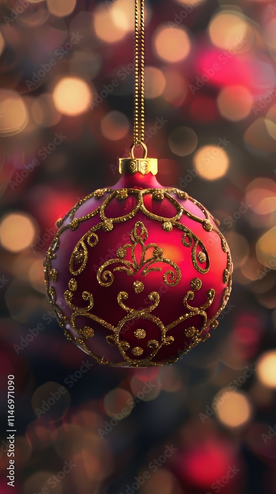 Poster a red ornament hanging from a string. the ornament is gold and has a design on it. the background is