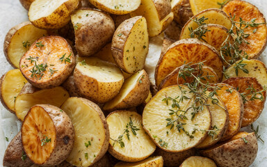 Delicious baked potato halves with crispy golden texture and sprinkled fresh thyme herbs