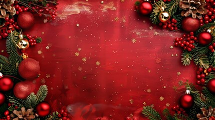Vibrant Christmas background featuring red ornaments, pine cones, and greenery on a red glittery surface with golden stars.