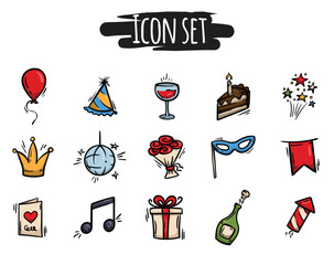 Bright vector set of holiday, birthday, congratulation, party icons. Editable hand drawn signs and symbols for decoration, design, app, banner, website
