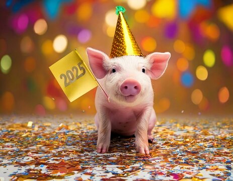 Lustiges Schweinchen mit 2025-Fahne &ndash; Fr&ouml;hliches Neujahrsmotiv