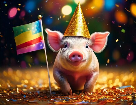 Lustiges Schweinchen mit 2025-Fahne &ndash; Fr&ouml;hliches Neujahrsmotiv