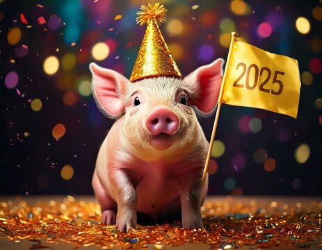 Lustiges Schweinchen mit 2025-Fahne &ndash; Fr&ouml;hliches Neujahrsmotiv