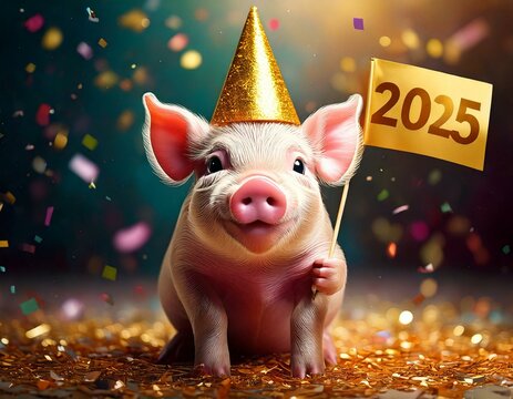 Lustiges Schweinchen mit 2025-Fahne &ndash; Fr&ouml;hliches Neujahrsmotiv