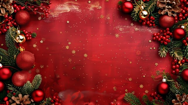 Vibrant Christmas background featuring red ornaments, pine cones, and greenery on a red glittery surface with golden stars.