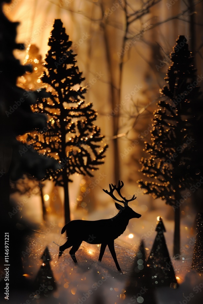 Poster a deer is walking through a forest with trees in the background