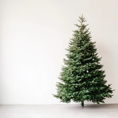 Fototapeta premium A simple, elegant Christmas tree stands against a white wall, capturing the essence of minimalist holiday decor.