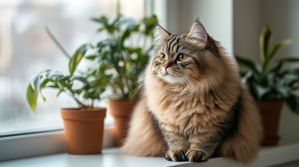 Fluffy Persian cat perched on windowsill with potted plants