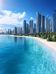 Naklejka premium Artificial Beachfront Cityscape - Modern city skyline meets tranquil artificial beach. Luxury, relaxation, urban development, coastal paradise, architectural marvel.