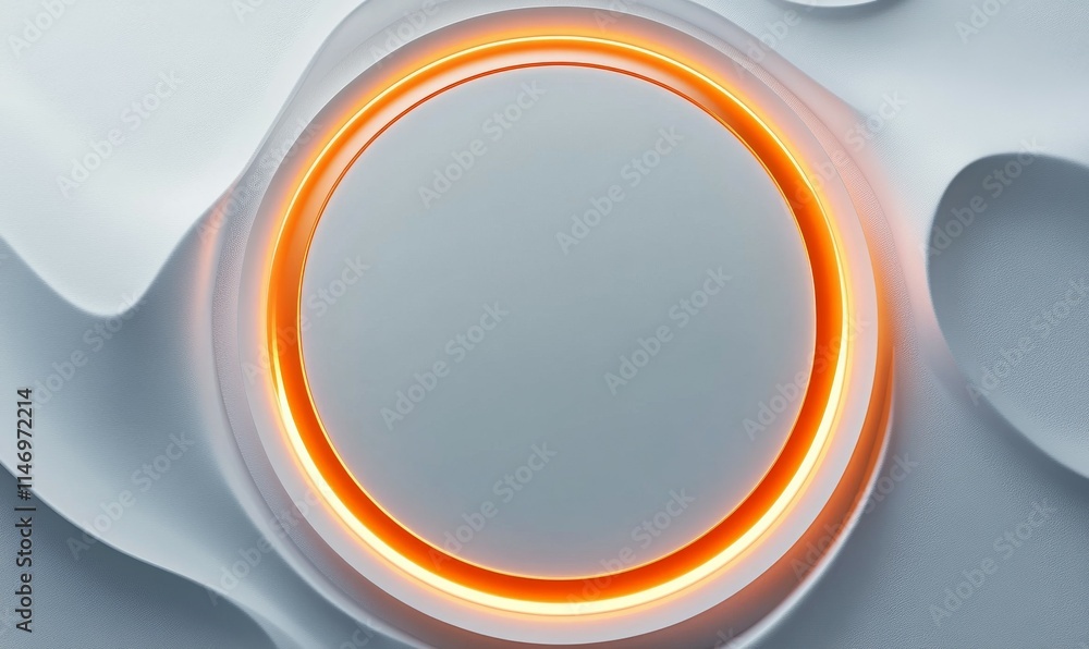 Poster white surface with embossed shape and orange illuminated trim. tech background with neon circle.