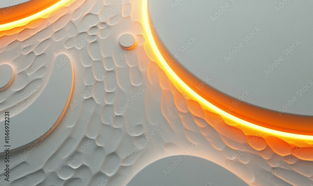 Poster white surface with embossed shape and orange illuminated trim. tech background with neon circle.