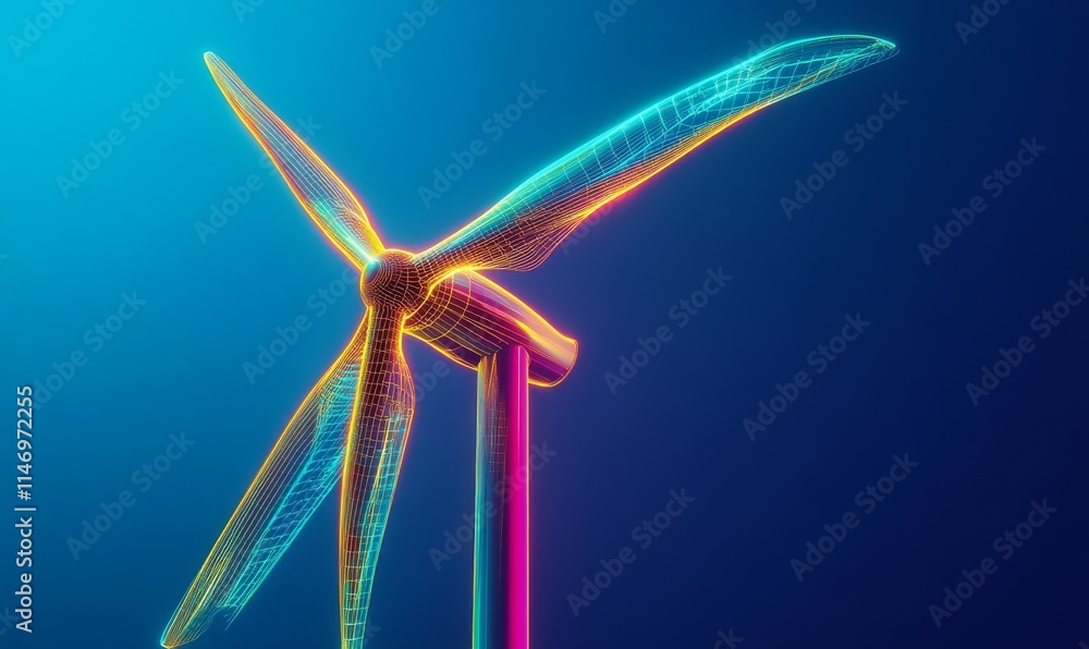 Poster wind turbine with glowing yellow lines on a blue background, with gradient colors from top to bottom