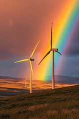 Beautiful landscape with wind turbines and a vibrant rainbow during sunset over rolling hills