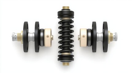 An exploded view of a car shock absorber, showing all its components in high detail