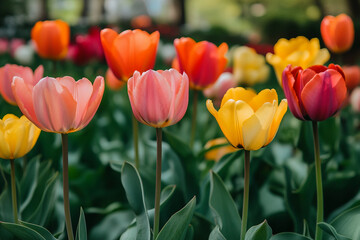 Fototapeta premium A beautiful spring tulips flowers in meadow generative ai picture