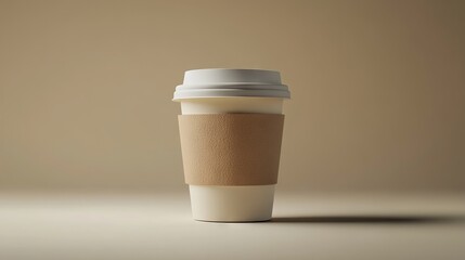A simple coffee cup with a cardboard sleeve on a neutral background, highlighting minimalist design and eco-friendly concepts.