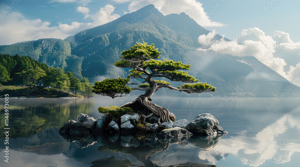 Poster bonsai trees delicately balanced on the shore of a mountain lake, with their shapes and forms enhanc