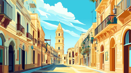 Fototapeta premium Illustration, Cityscape of Lecce in Puglia, Italy. Touristic advertisement poster. Promotional touristic poster. Beautiful city in Italy. Must-see tourist travel destination.