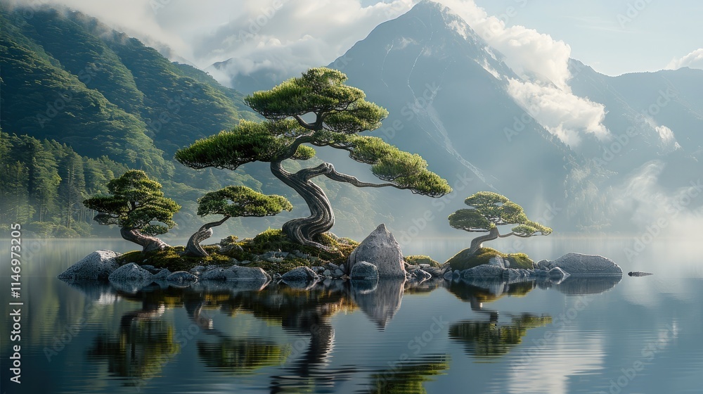 Poster bonsai trees delicately balanced on the shore of a mountain lake, with their shapes and forms enhanc