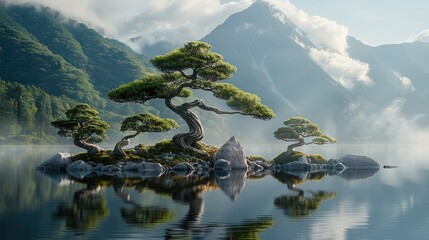 Fototapeta premium Bonsai trees delicately balanced on the shore of a mountain lake, with their shapes and forms enhanced by the reflection in the water.