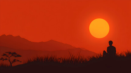 A silhouette of a person enjoying a sunset, symbolizing peaceful moments in life. Person watching sunset vector.