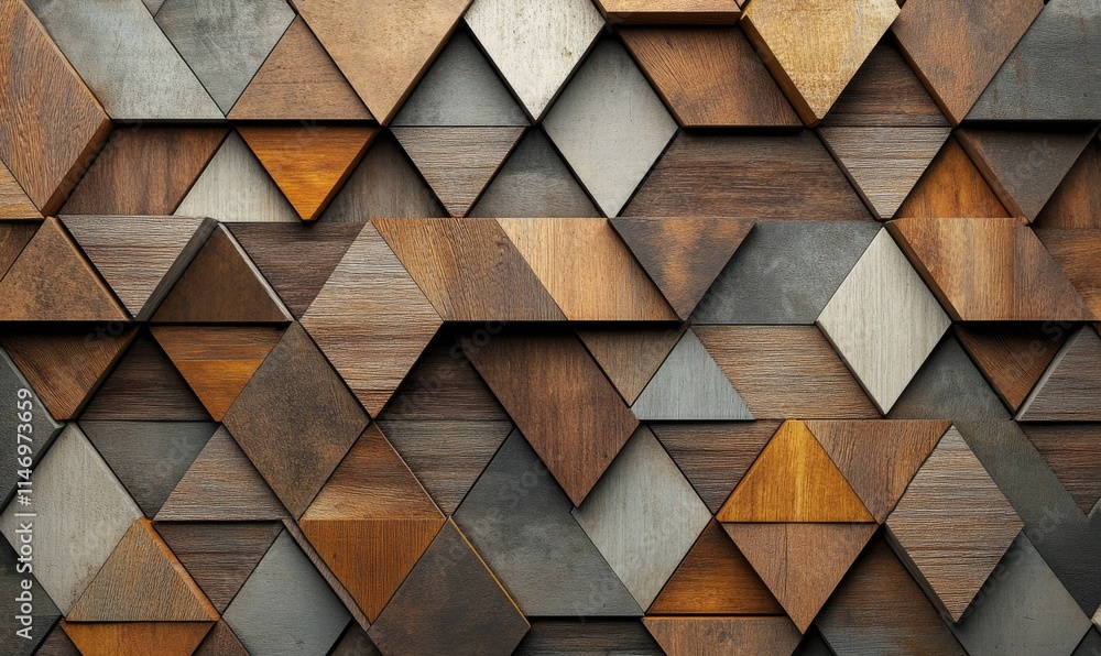 Poster triangular, soft sheen mosaic tiles arranged in the shape of a wall. wood, timber, blocks stacked to
