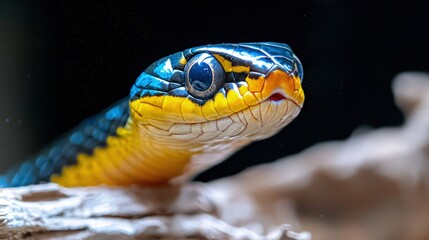 Fototapeta premium Vibrant blue and yellow tree snake rests on a textured wooden branch in a detailed macro photograph.