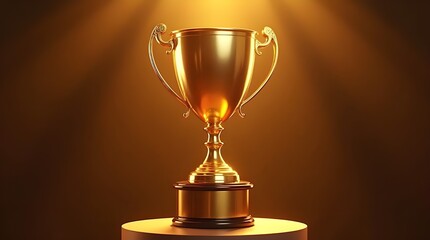 Shiny gold trophy displayed on a podium, surrounded by warm, soft light, highlighting triumph and recognition at an awards ceremony. 