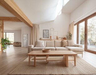 Generated image Minimalist Scandinavian living room with light-colored wood furniture, neutral tones