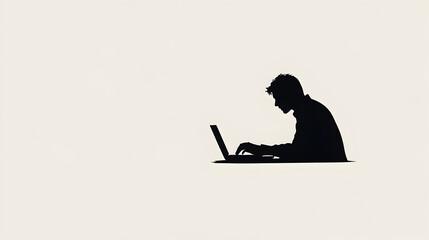 A clean design of a person working at a desk with a laptop, symbolizing a busy professional lifestyle. Person at desk minimalist illustration.