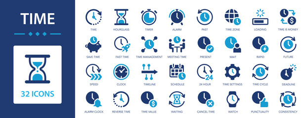 Time icon set. Time management and tracking. Alarm, timer, schedule, hourglass.