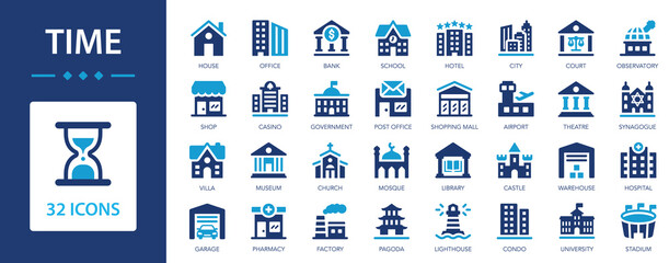 Building icon set. The buildings are different in purpose and style. House, hospital, office, bank, school, hotel. © Jan
