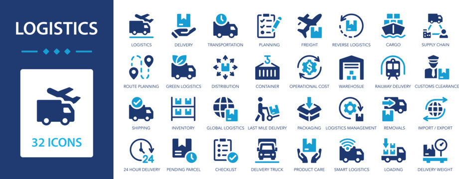 Logistics icon set. Delivery and Logistic symbol collection. Shipping, delivery, distribution, cargo, freight, transportation. - Powered by Adobe