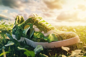 Eco-Friendly Sneaker Concept with Green Grass and Leaves, Bright Colors and Healthy Running Style. AI generated illustration