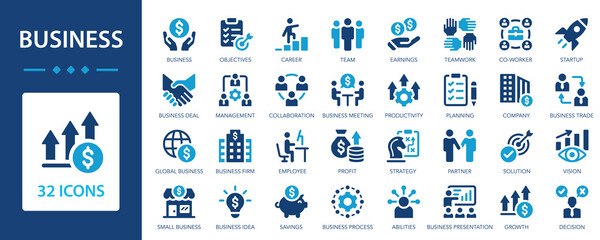 Business flat icons set. Meeting, partnership, business team, profit, company, management, planning.