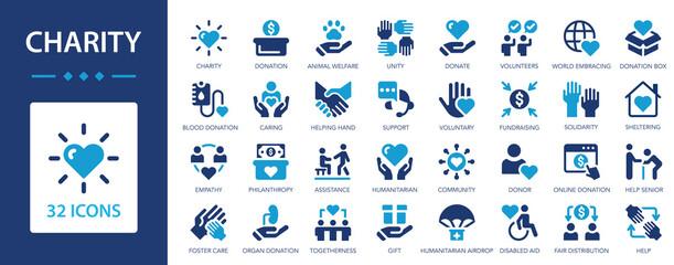 Charity and donation flat icons set. Donated, unity, caring, community, assistance, support, donor, help, volunteer.