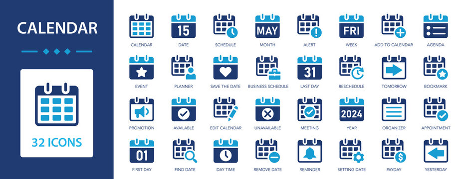 Calendar icon set. Planning your tasks and time symbol collection. Date, planner, schedule, month, agenda, organization, organizer.