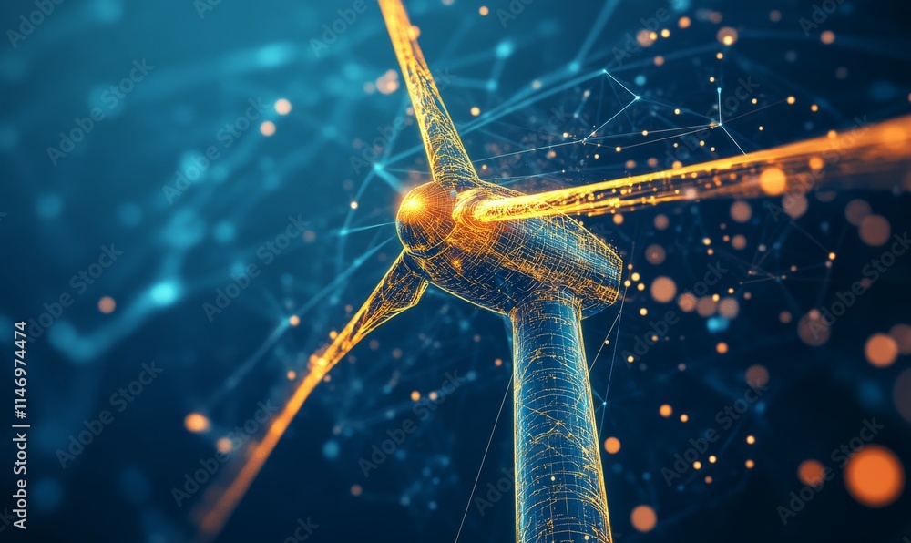 Poster wind turbine with glowing yellow lines on a blue background, with gradient colors from top to bottom