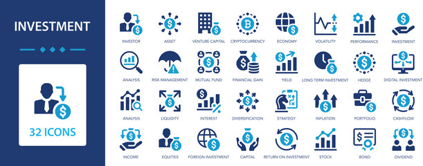 Investment icons set. Vector symbols collection Profit, Economy, Asset, Investor, Financial gain, Portfolio.